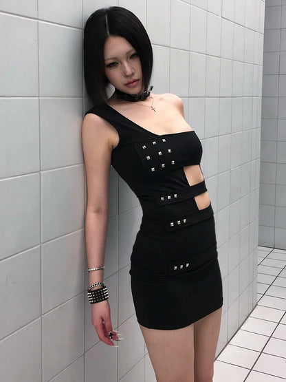 Fake Rivet Decoration Dress Women Waistless Irregular Collar Sleeveless Summer Fashion Midnight Sexy Hottie Bodycon