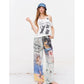 Cat Print Asymmetric T-Shirt, Letter Graphic Layered Tee, Short Sleeve Casual Top for Women