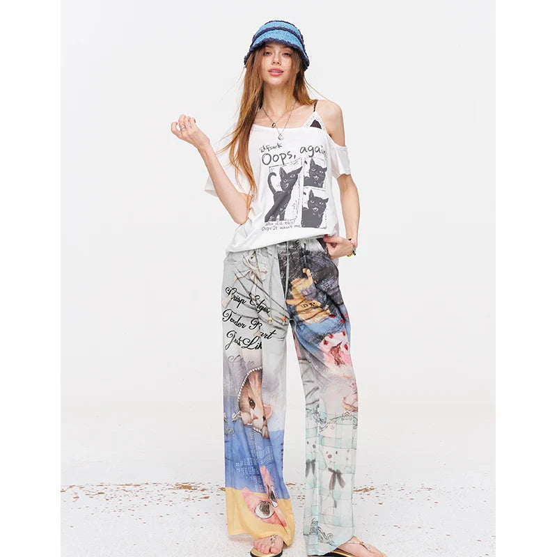 Cat Print Asymmetric T-Shirt, Letter Graphic Layered Tee, Short Sleeve Casual Top for Women