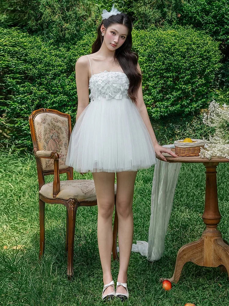Puffy Hem Dress Women Feather Tassel Bow Decoration Sweet Style Fashion Summer Birthday Party Elegant Mini Bodycon