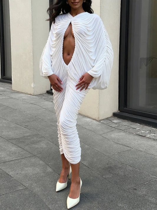 Hollow Ruched Patchwork Dress Peach Buttocks Bat Sleeves Chic Hipster Autumn Hipster Clubwear Skinny Stretch Vestidos