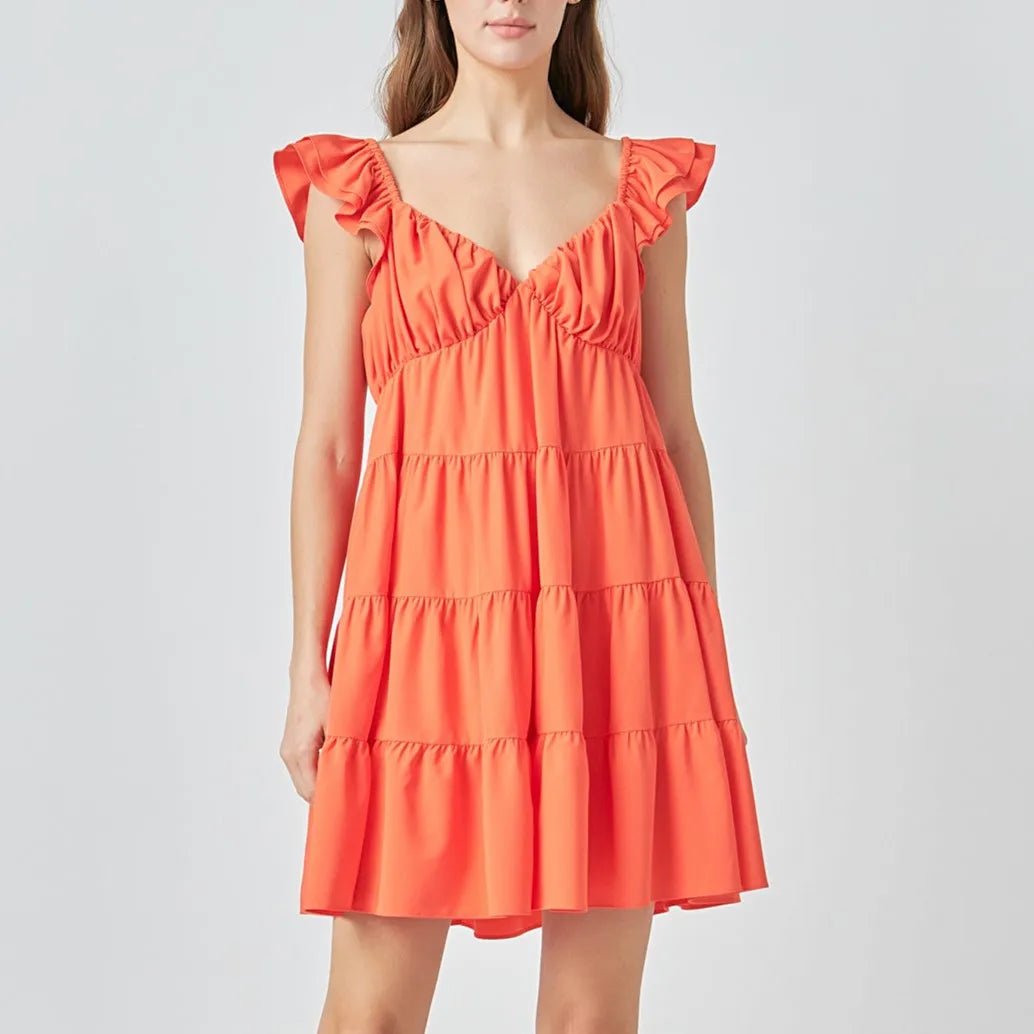 Women Tiered Mini Dress Solid Color V Neck Flutter Sleeve Backless A-line Short Dress for Daily Summer Vacation Sundress