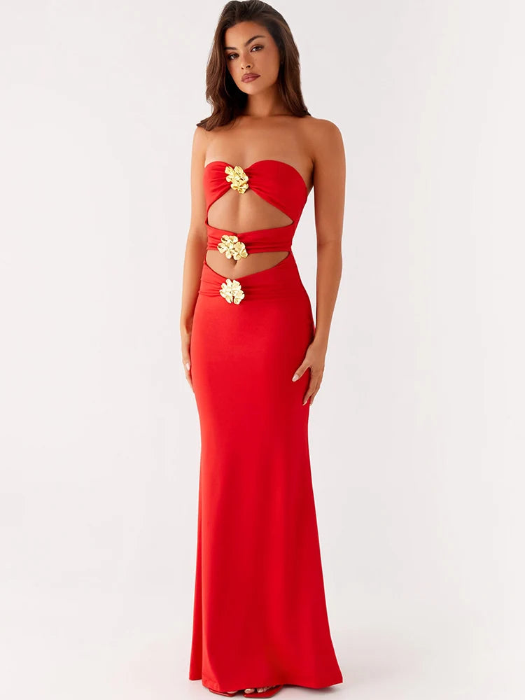Metal Rose Hollow Out Sexy Maxi Dress Women Beach Holiday Gown Strapless Off-shoulder Backless Bodycon Club Long Dress