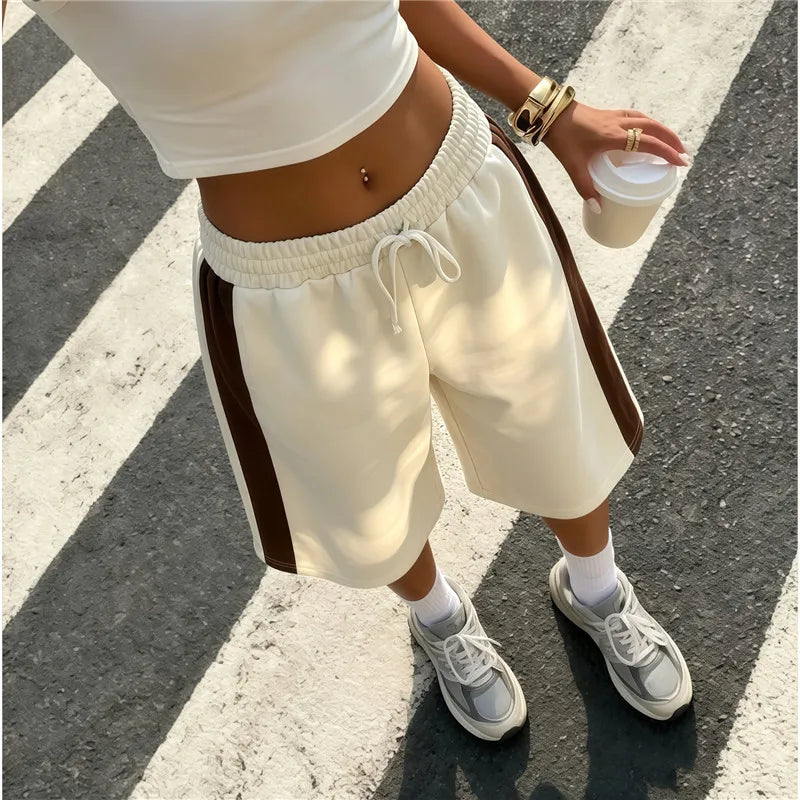Women Color Block Side Stripe Bermuda Shorts Elastic Drawstring Waist Wide Leg Knee Length Loose Sweat Athletic Shorts