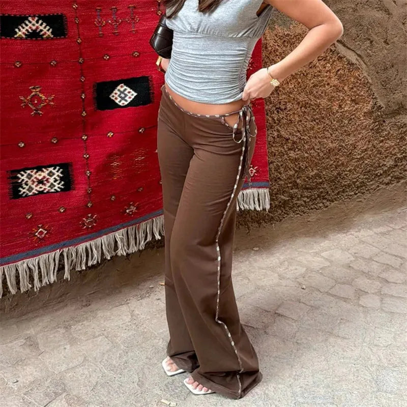 Women Y2K Low Rise Flared Trousers Side Waist Cutout Tie Up Slim Fit Stretchy Bootcut Pants Retro Street Daily Pants