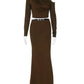 Fashion Brown Two Piece Set Women Inclined Shoulder Long Sleeve T-shirt And Maxi Skirt Matching Sets Elegant Dress Set