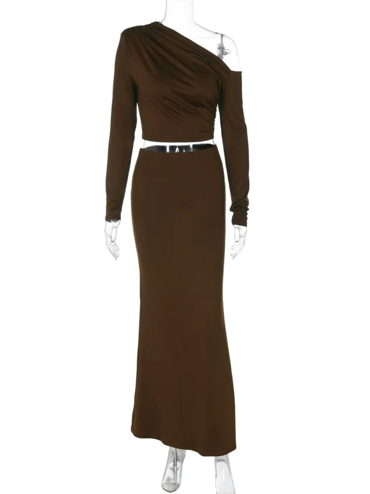 Fashion Brown Two Piece Set Women Inclined Shoulder Long Sleeve T-shirt And Maxi Skirt Matching Sets Elegant Dress Set