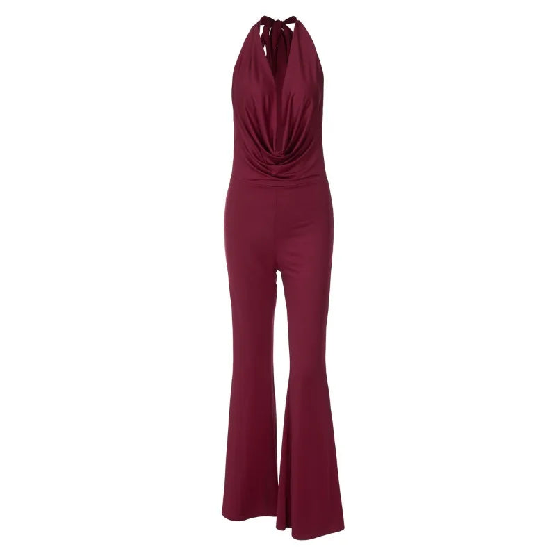 Deep V Neck Backless Flared Jumpsuit Fall 2025 Fashion Woman One Piece Black Jumpsuits Sexy Club Outfits