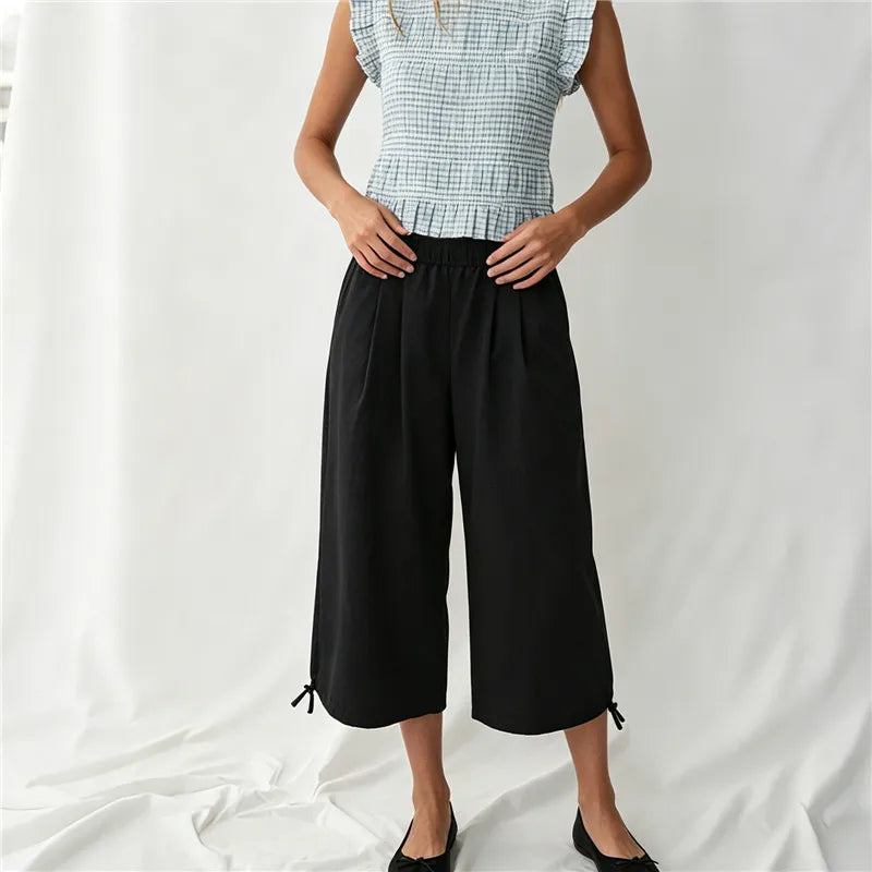 Casual Loose Wide Leg Capri Trousers Elastic Waistband Side Pockets Adjustable Drawstring Hem Baggy Cropped Culottes
