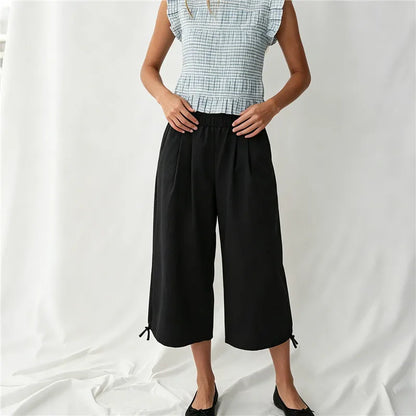 Casual Loose Wide Leg Capri Trousers Elastic Waistband Side Pockets Adjustable Drawstring Hem Baggy Cropped Culottes
