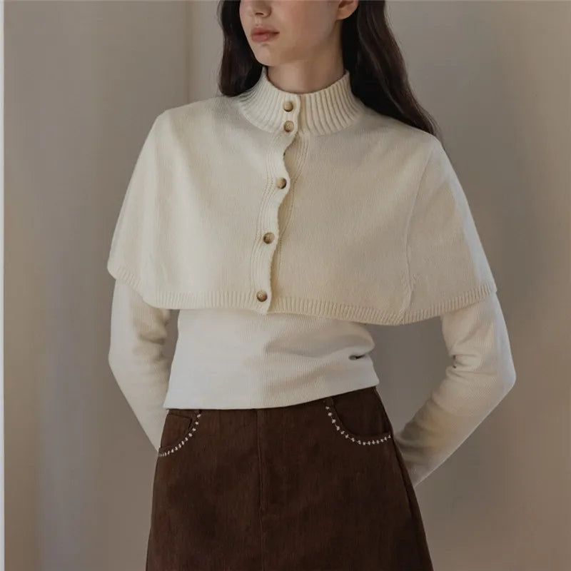 Stand Rib Collar Button Down Cropped Knit Cape For Women Dual Tone Slim Layering Short Knit Shawl Top Y2K Streetwear