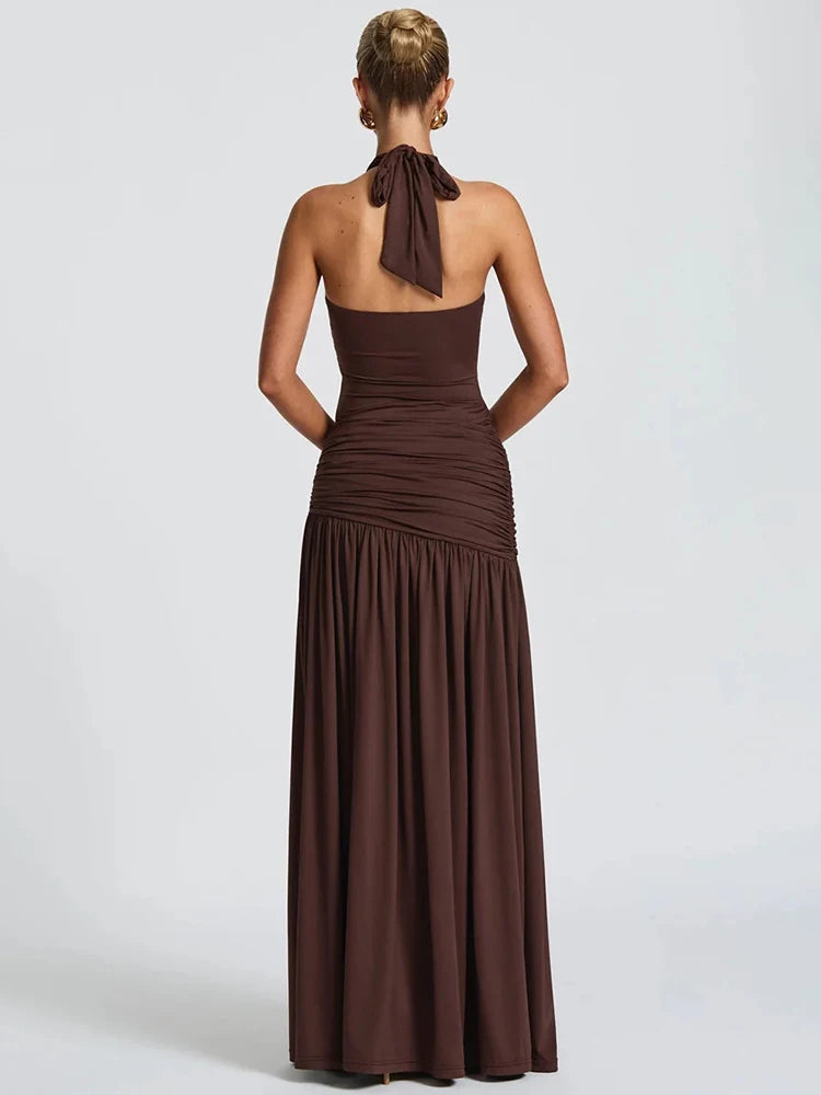 Elegant Backless Sexy Maxi Dress Set Women Halter Bodysuit And Maxi Skirt Matching Set Female Ruched Split Dress Sets