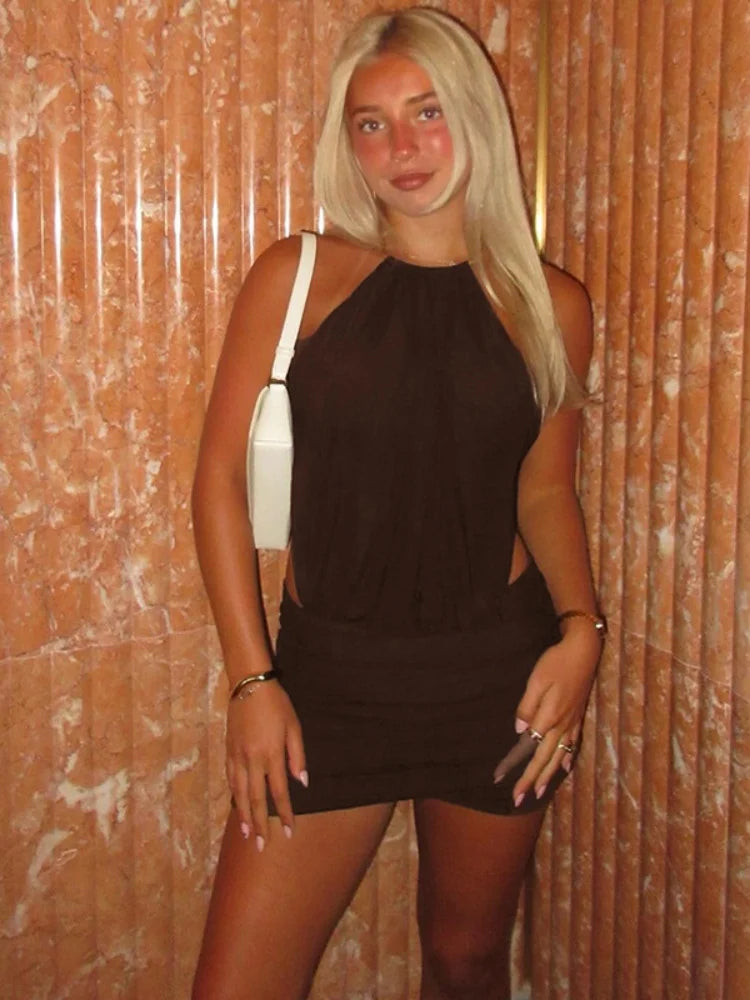 Metal Ring Open Back Halter Mini Dress Sexy Club Outfits for Woman Date Nights Dresses