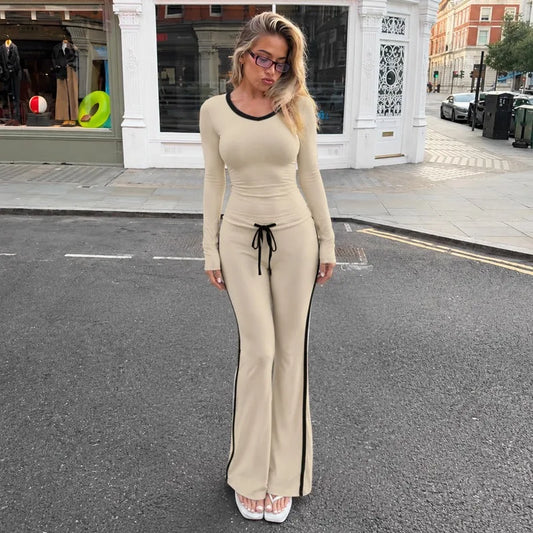 2 Piece Set Black Side Strip Long Sleeve Top and Flare Pants Sports Casual Fall Outfits Woman Loungewear Sets