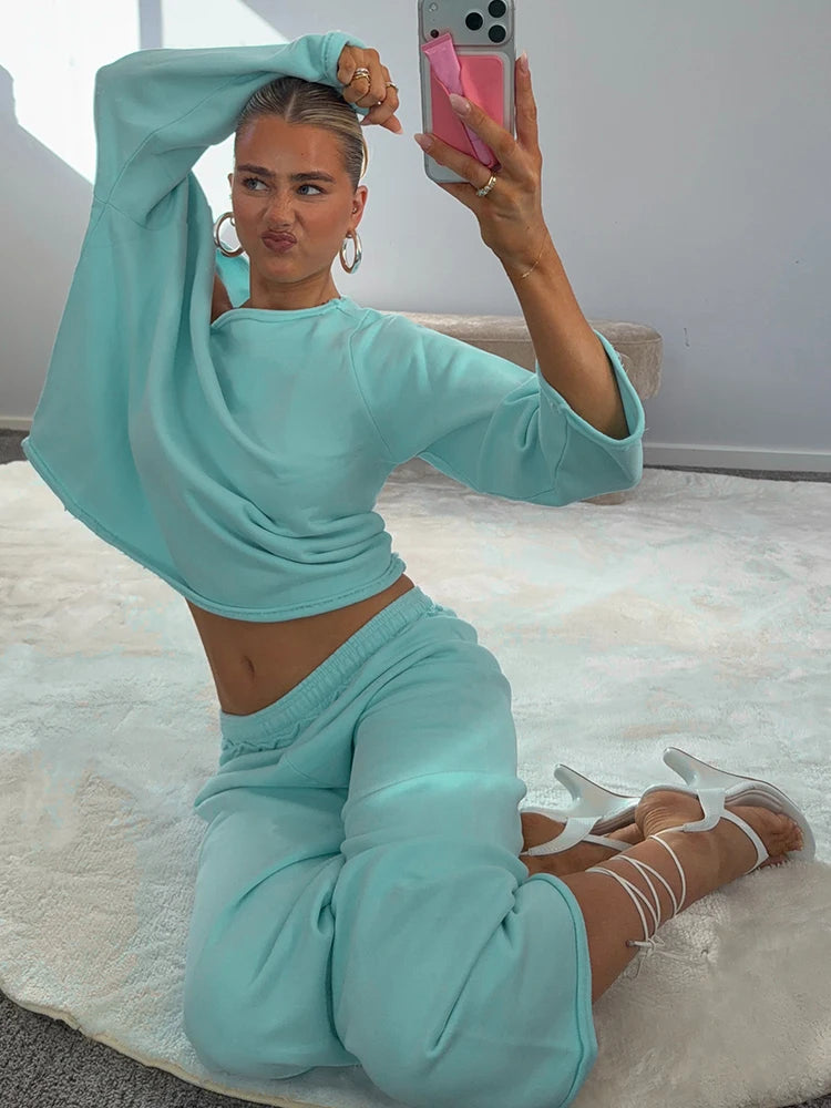 Casual Comfortable 2 Piece Set Woman Autumn Trend Skew Collar Full Sleeve T-Shirts+Long Pants Simple Style Outfits