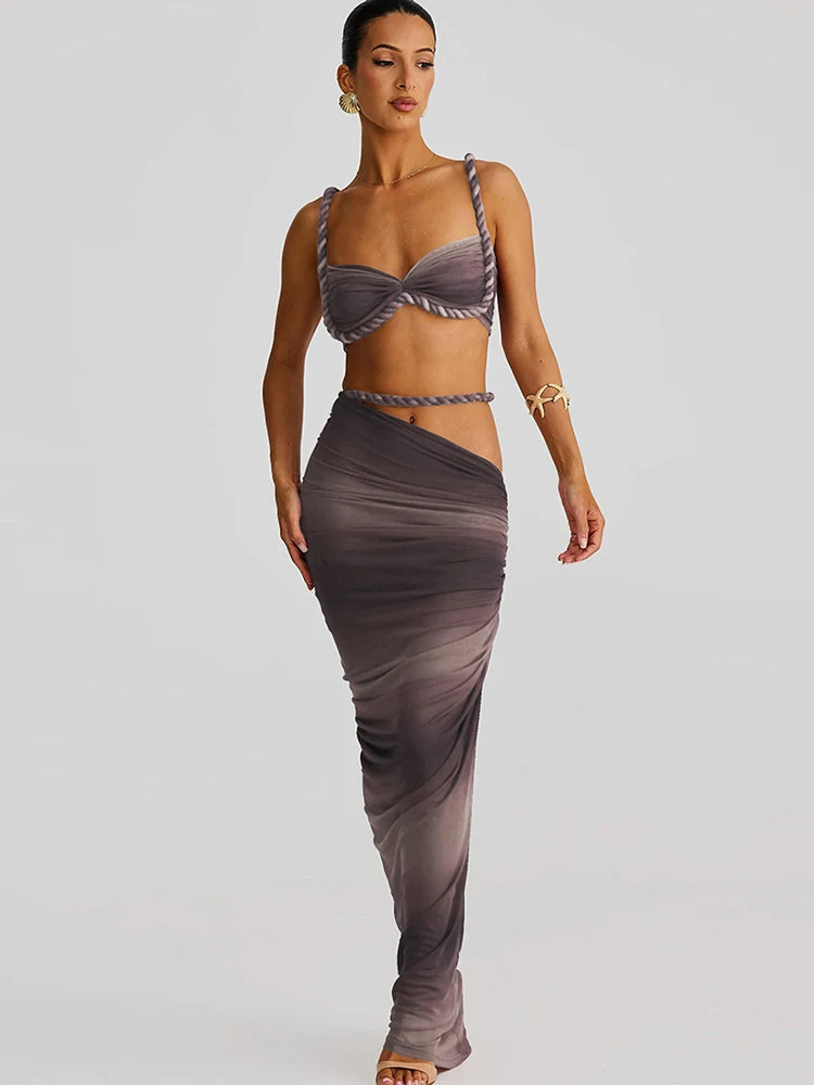 Ruched Y2K Sexy 2 Piece Set Women Plait Camisole+Hollow Skirts Bandage Vacation Beach Party Trend Skinny Clubwear