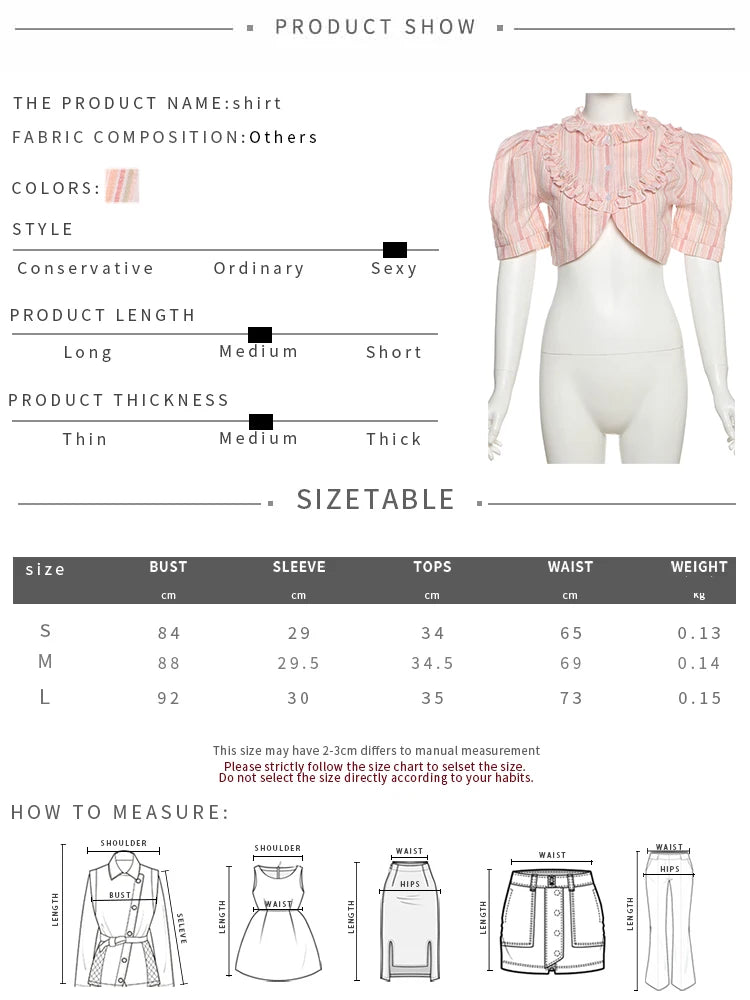 Stripe Print 2-Piece Set Women Y2K Button Puff Sleeve Irregular Crop Top+Edges Skirts Summer Streetwear Matching Suit