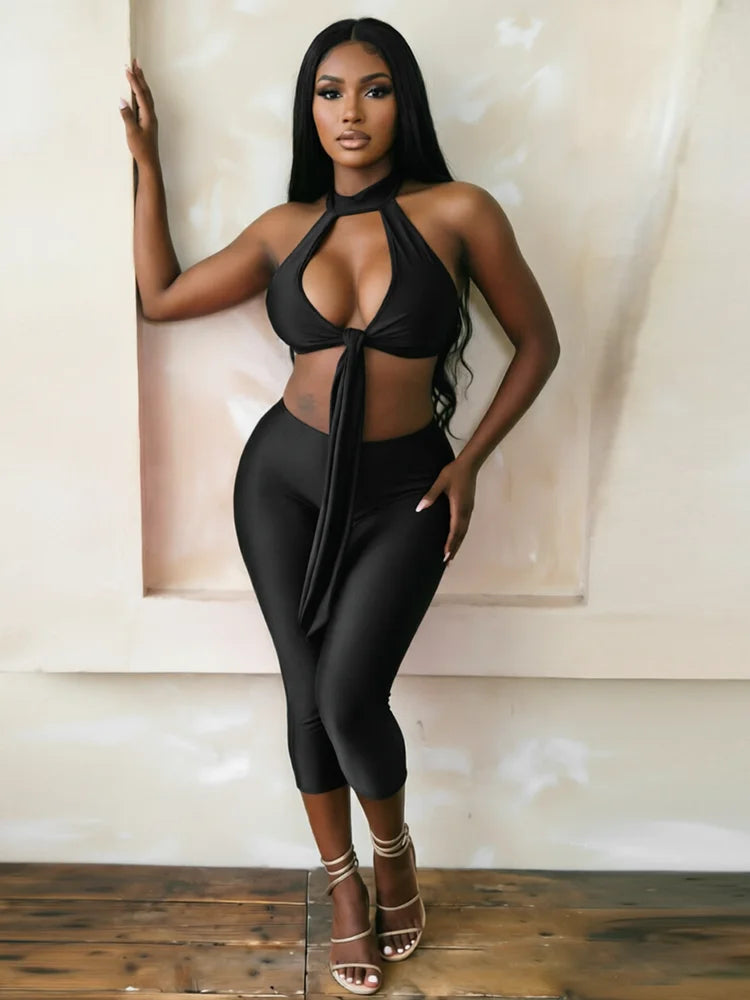 Sexy 2-Piece Set Womenmetal Ring Hollow Backless Bandage Tassel Vest+Peachy Butt Simple Short Midnight Classic Outfit