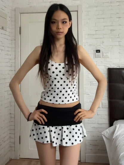 Simple Polka Dot Print 2-Piece Set Women Halter Low-Neck Camisole+Patchwork Folds Skirts Skinny Sweet Street Suit