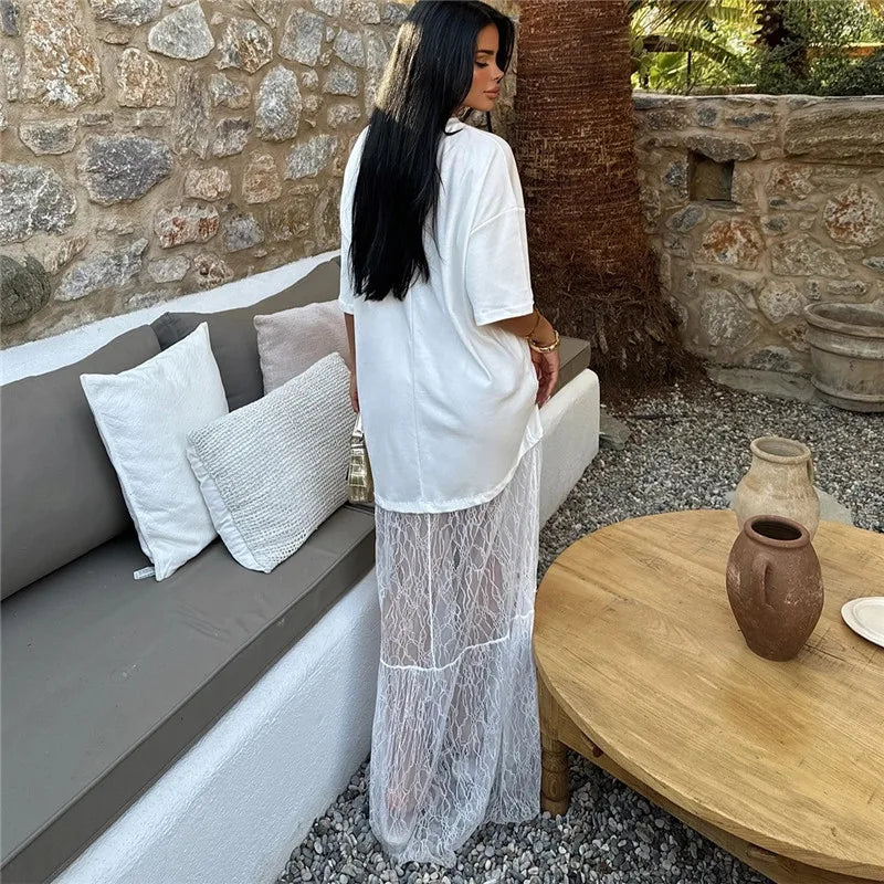 Women Oversized T Shirt Lace Maxi Dress 2 In 1 Sheer Mesh Long Dress Short Sleeve Loose Casual Summer Party Streetwear