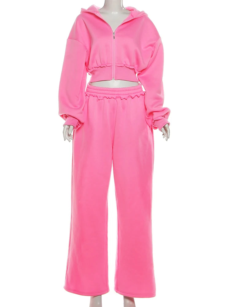 Fashion 2 Piece Set Women Tracksuit Sporty Zipper Patchwork Hooded Crop Jacket+Straight Pants Matching Streetwear Outfits