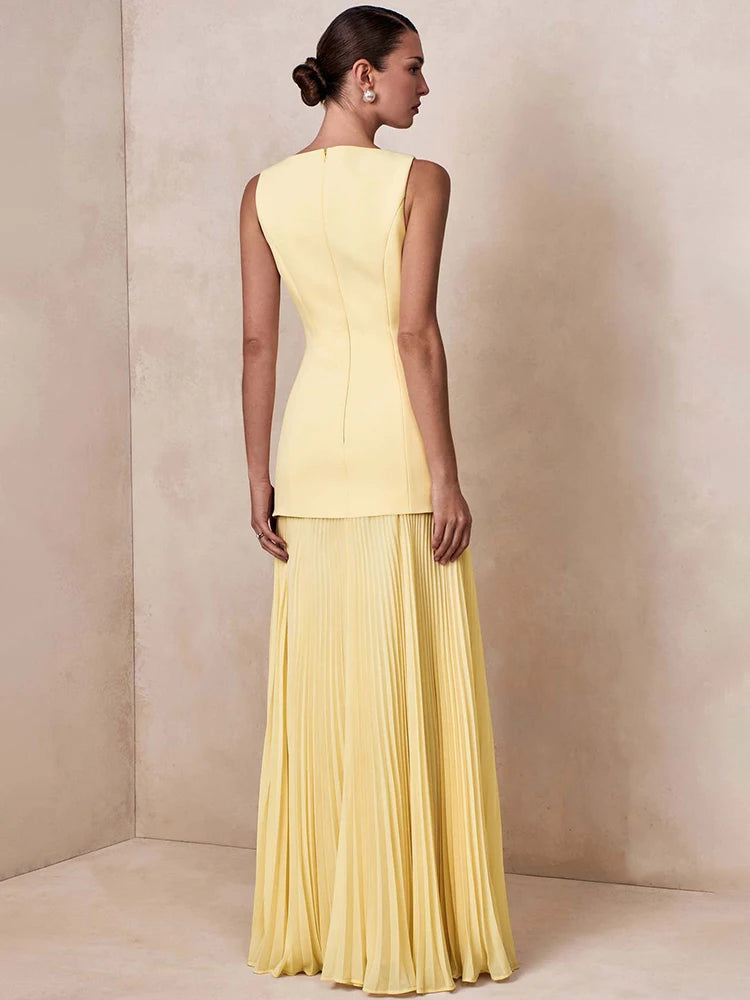 Elegant Two Piece Maxi Dress Women Fashion Boat Neck Sleeveless Bodycon Pleated Club Party Long Dress Female Vestidos