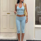 Trend Simple 2 Piece Set Women Fashion Haler Backless Low-Neck Tank Top+Ruched Patchwork Capri  Pants Street Suits