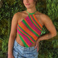 hriigin Cute Women Striped Crochet Halter Neck Top Knit Sleeveless Triangle Hem Crop Top Backless Summer Top Casual Daily Wear