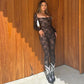 Floral Lace Mesh Bodycon Jumpsuit See Through Sexy Women Long Sleeve Black Outfit for Baddies Club Wear