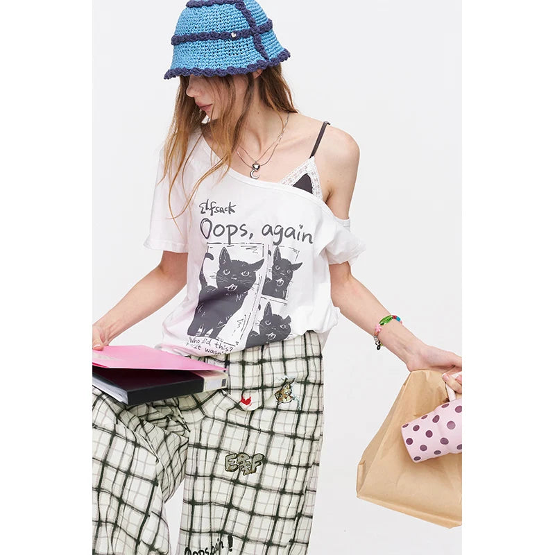 Cat Print Asymmetric T-Shirt, Letter Graphic Layered Tee, Short Sleeve Casual Top for Women
