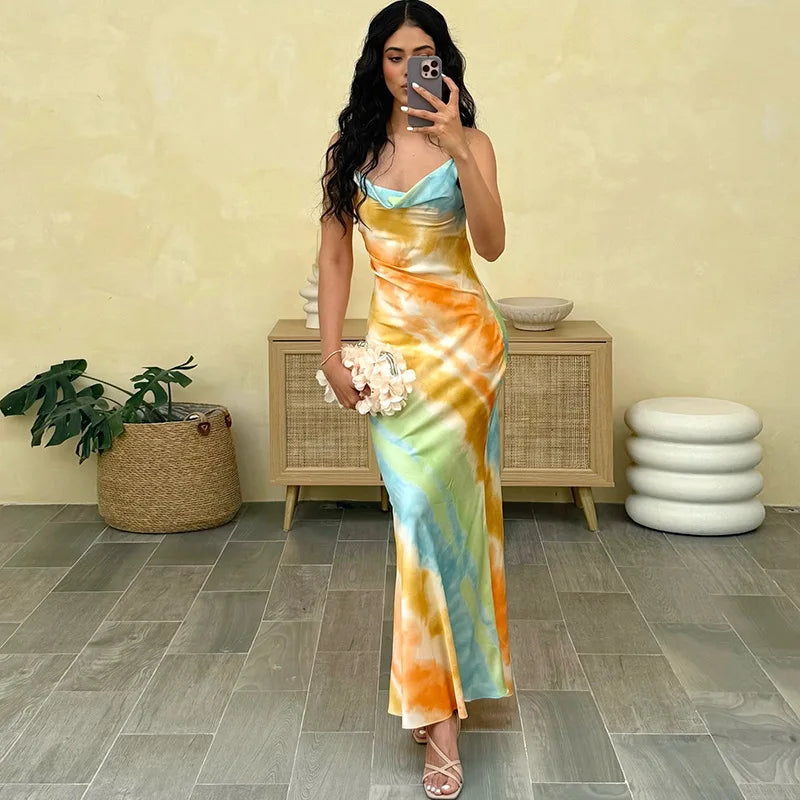 Colorful Print Cowl Neck Backless Fishtail Maxi Dress Sexy Elegant Party Dresses for Woman Clothing