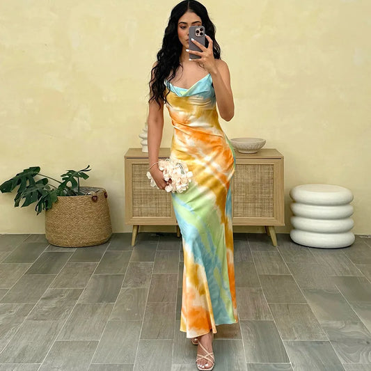 Colorful Print Cowl Neck Backless Fishtail Maxi Dress Sexy Elegant Party Dresses for Woman Clothing
