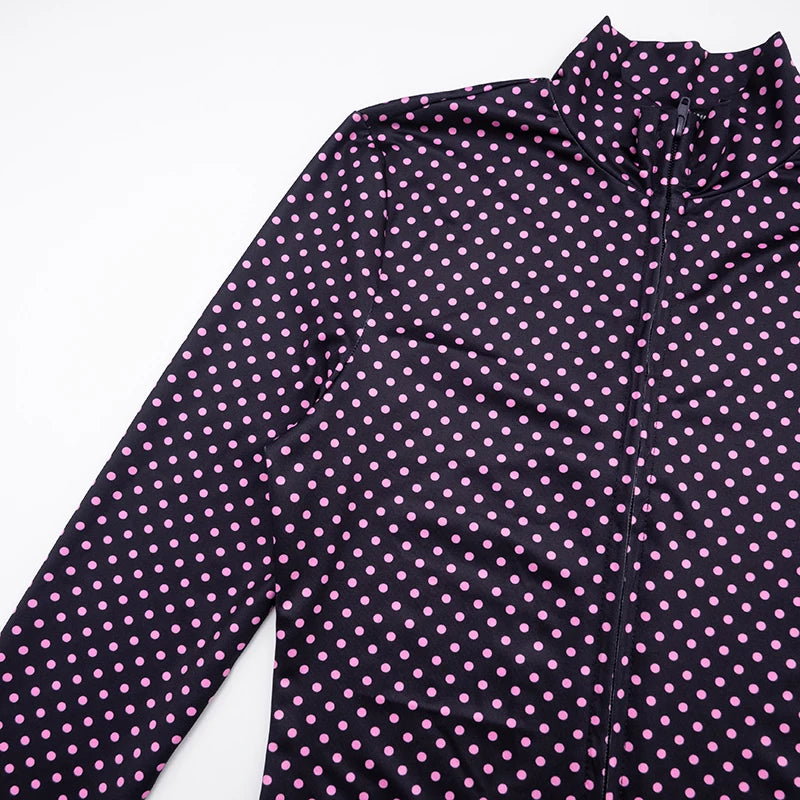 Casual Women Two Piece Set Polka Dot Print Tracksuit Zip Crop Jacket+Shorts Matching Street Elastic Fall Trend Outfits