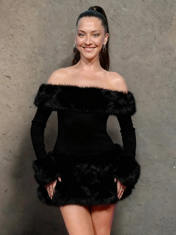 Christmas Elegant Dress Women Patchwork Fluffy Slash Neck Full Sleeve Winter Trend Skinny Birthday Party Mini Bodycon