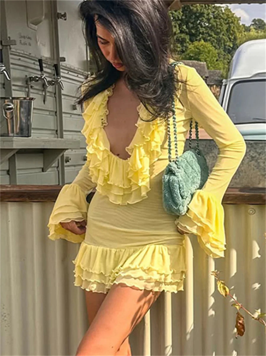 Tierred Patchwork Dress Women Sexy Fashion Low-Neck Puff Sleeve Stretch Skinny Hottie Vacation Party Club Bodycon
