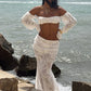 Mesh Patchwork 2 Piece Set Women Sexy Slash Neck Flared Sleeve Crop Tops+A-Line Long Skirts Beach Party Elegant Suits