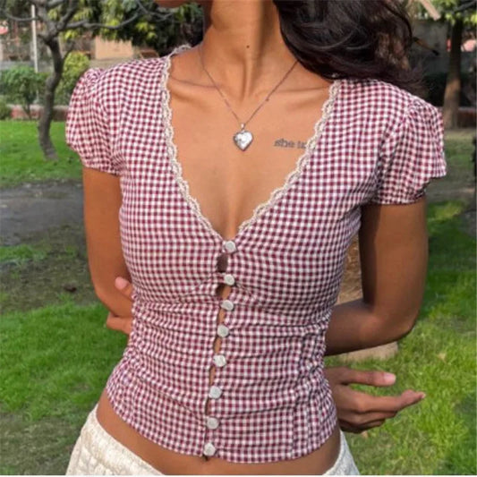Y2K Cottagecore Gingham Plaid Crop Top Lace Trim V Neck Puff Sleeve Button Front Ruched Back Tie Slim Fit Blouse
