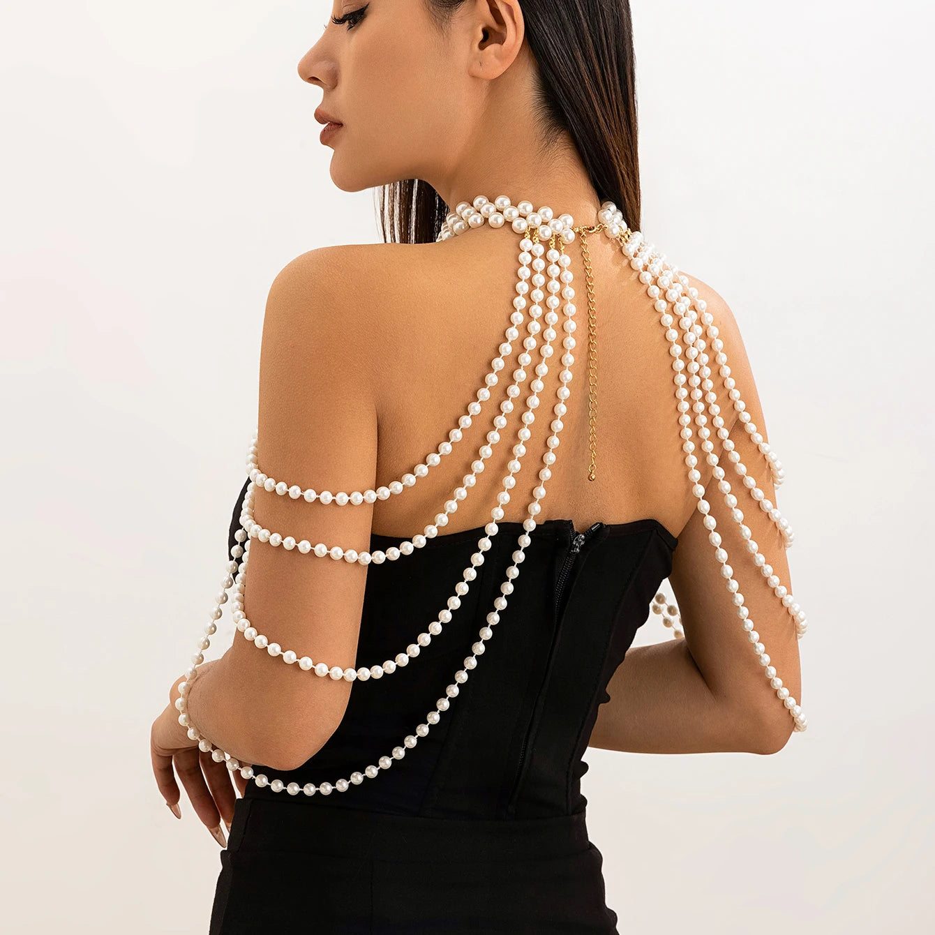 Bridal Tassel Imitation Pearl Shoulder Chain Necklace for Women Elegant Shawl Wedding Jewelry Accessories