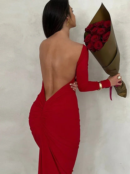 Pleated Open Back Long Sleeve Maxi Dress for Birthday Women Black White Elegant Evening Gown Party Dresses