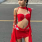 Sexy Irregular Bandage 3-Piece Set Women Chest Wrapped+Chic Sleeve+Lace-Up Skirt Matching Hottie Christmas Outfits