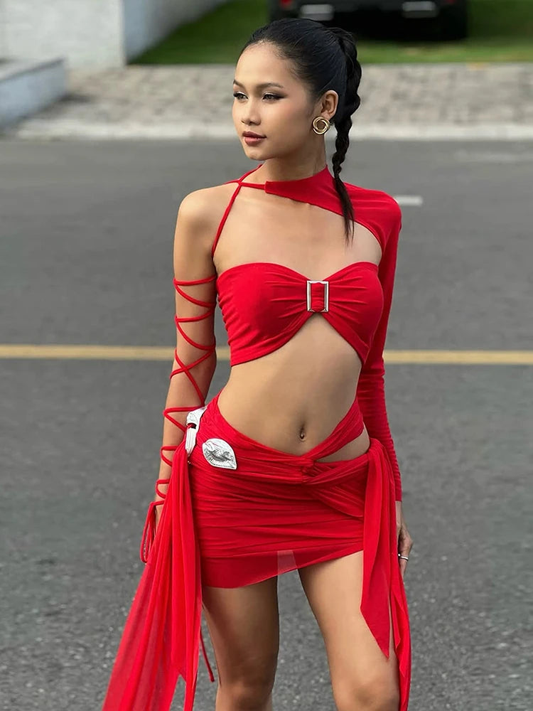 Sexy Irregular Bandage 3-Piece Set Women Chest Wrapped+Chic Sleeve+Lace-Up Skirt Matching Hottie Christmas Outfits