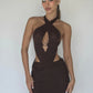 Backless Tassel Dress Women Sexy Cross Metal Rings Halter Lace-Up Pleated Waistless Midnight Club Party Mini Bodycon