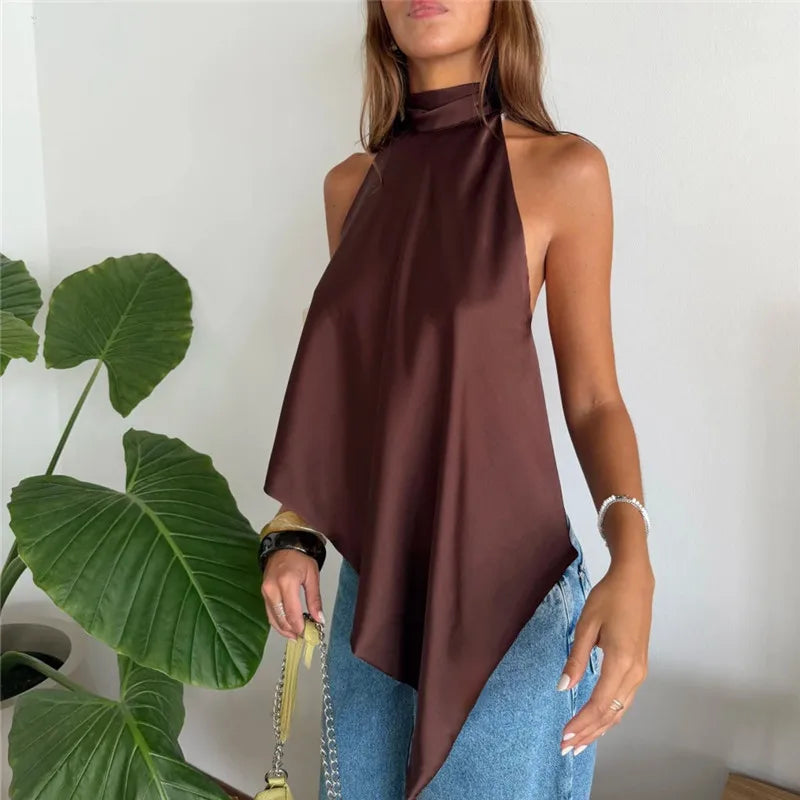 Women Satin Halter Tops Sexy Backless Asymmetrical Tops Sleeveless Lace Up Back Silk Tank Top Going Out Shirt