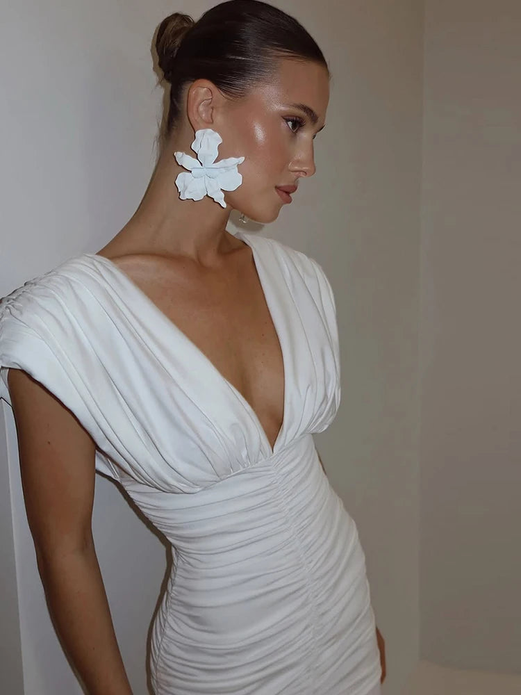 Ruched Elegant Dress Women Y2K Peach Buttocks Deep v-Neck Classic Solid Sleeveless Birthday Party Summer Mini Bodycon