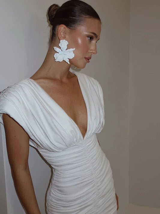 Ruched Elegant Dress Women Y2K Peach Buttocks Deep v-Neck Classic Solid Sleeveless Birthday Party Summer Mini Bodycon