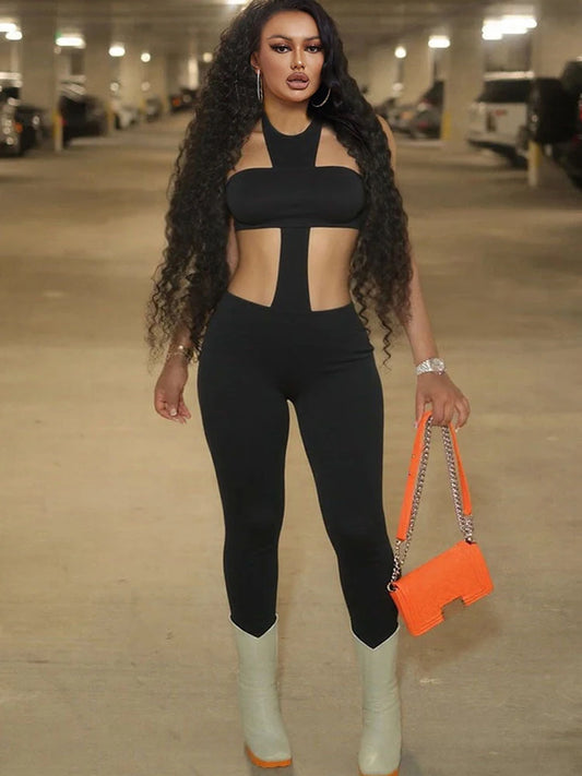 Fitness Women 2 Piece Set Stretch Tube Top+Skinny Halter Jumpsuit Street Matching Party Midnight Sexy Backless Overalls
