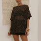 Women's Summer Sequined T-Shirt Casual Loose Fit Stylish Solid Color See Through Crew Neck Elbow Sleeve Tops Cover Ups