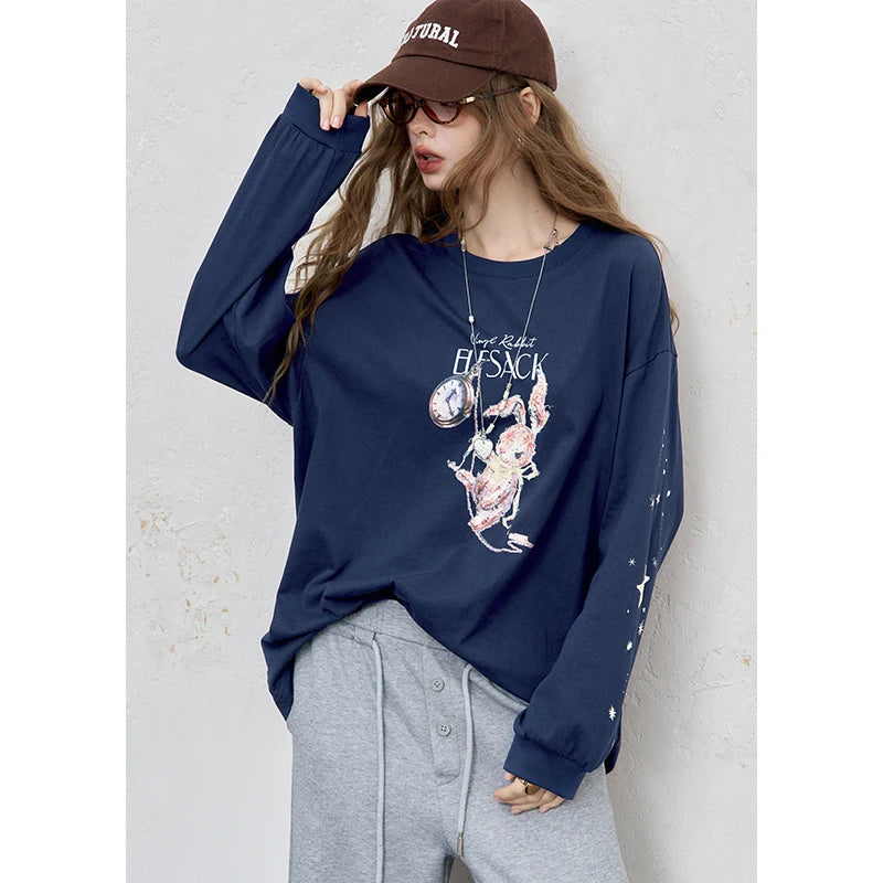 Women's Long Sleeve Graphic Tee with Rabbit Print, Loose Fit Casual Top for Everyday Wear