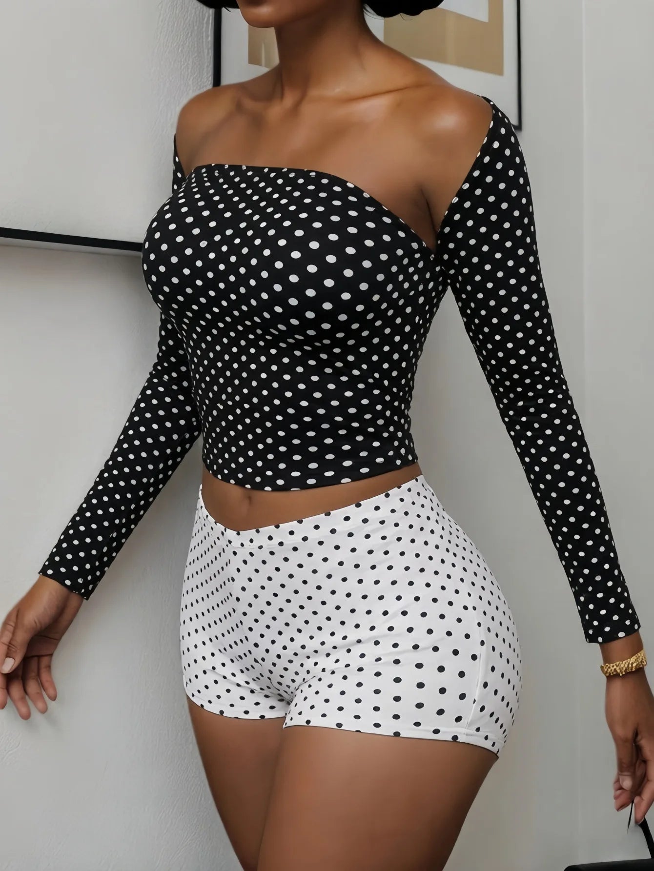 Polka Dot Print Sexy 3-Piece Set Women  Cape Sleeves+Chest Wrapped+Shorts Matching Hottie Chic Skinny Street Clubwear