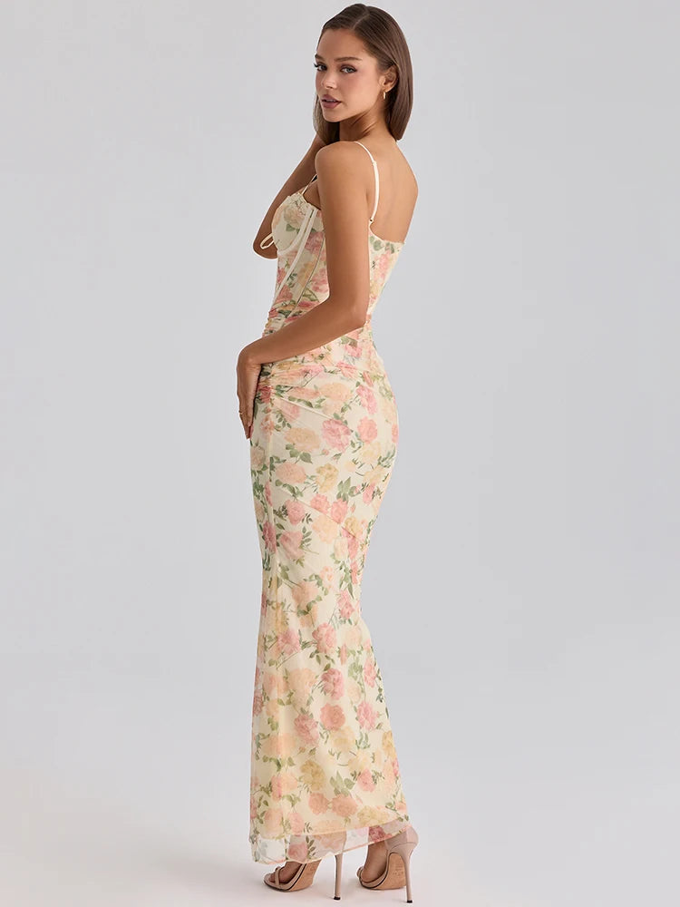 Spaghetti Strap Backless Print Sexy Maxi Dress Women Elegant Patchwork Sleeveless Bodycon Floral Print Club Party Dress